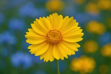 Obraz premium A solitary sunflower stands out in a sea of blue and yellow blooms, its vibrant petals reaching towards the light