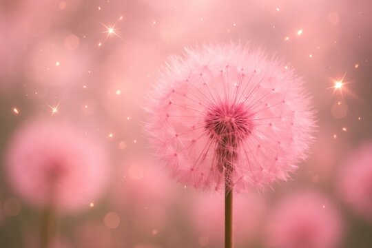 A whimsical dance of pink dandelions under a starry sky