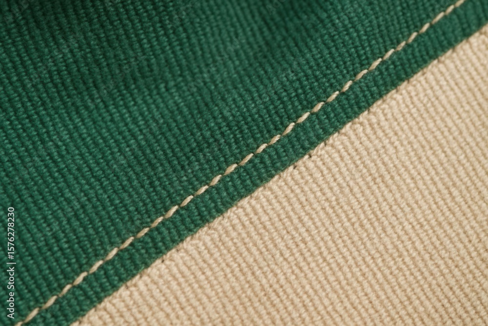 Poster a close-up of a textile with a distinct green stripe running diagonally across a beige background