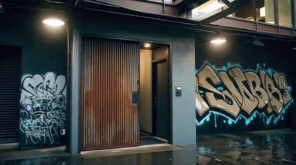 A loft-style home with a rusted corrugated metal door, bold graffiti tagging nearby walls, overhead urban lights glowing faintly, environment wet from recent rain, cinematic photography.