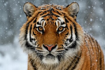 Naklejka premium A majestic tiger stands resolute in the snowfall, its gaze piercing through the falling white specks