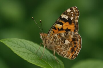 Obraz premium Amidst the verdant embrace of nature, a butterfly finds solace on a leaf, its wings spread wide in silent celebration of life