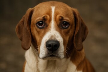 A brown and white dog gazes intently into the camera, its eyes reflecting a sense of longing or anticipation