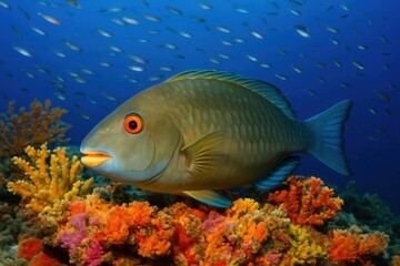 A solitary green fish gazes upwards amidst a vibrant coral reef, surrounded by a school of small, shimmering fish