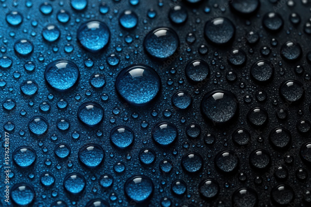 Poster a close-up view of water droplets on a dark surface, creating an abstract pattern that speaks of cal