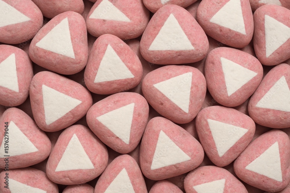 Poster a delightful array of pink candy hearts adorned with white triangles, symbolizing a playful and swee