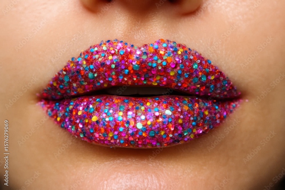 Poster a person's lips are adorned with a colorful array of glittering sequins, transforming them into a st