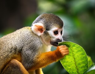 Obraz premium squirrel monkey eating a leaf in the jungle