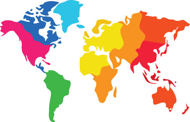 Vibrant rainbow world map illustration with bold outlines perfect for educational or travel themed designs