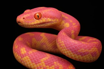Fototapeta premium A vibrant pink snake with yellow and orange stripes coils gracefully against a stark black background