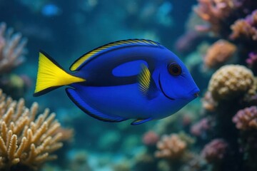 A vibrant blue tang swims gracefully amidst a coral reef, its yellow tail fin standing out against the deep blue waters