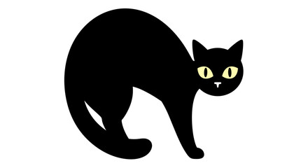 Illustration of a black cat with arched back and yellow eyes standing on a white background design art