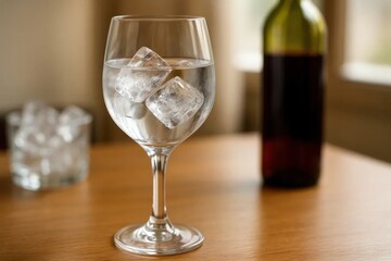 A Glass of Water with Ice Cubes and a Bottle of Red Wine on a Warm, Cozy Evening