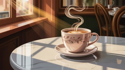 Fototapeta premium coffee, Steaming Coffee Cup on Marble Table Bathed in Sunlight, Cafe Interior Scene