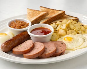 Loaded breakfast plate with spicy sauce cup sliced sausage and toast on white background