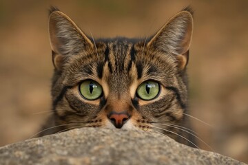 A tabby cat with striking green eyes peers out from behind a rock, its curiosity piqued by the world beyond
