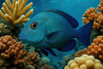 Obraz premium A solitary blue tang swims amongst vibrant coral reefs in a deep-sea underwater scene