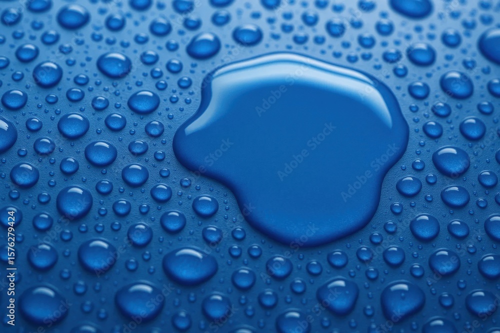 Poster a close-up of water droplets on a smooth blue surface, creating a pattern of reflections and shadows