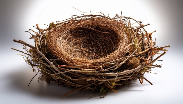 round bird nest made of twigs on white background
