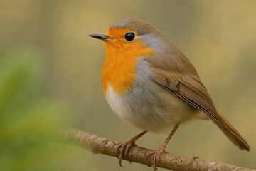 Obraz premium A vibrant European Robin perches on a twig, its orange breast contrasting with the soft green hues of nature
