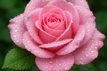 A Pink Rose in Full Bloom with Water Droplets Capturing the Essence of a Serene Garden