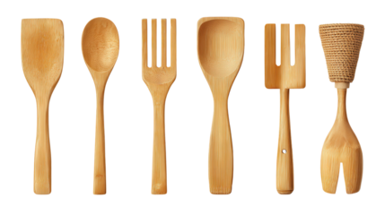 Bamboo kitchen utensil set background isolated on a Transparent background, PNG file.