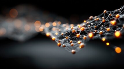 A futuristic network of interconnected glowing orange nodes connected by fine lines on a dark background, symbolizing digital data or technology.
