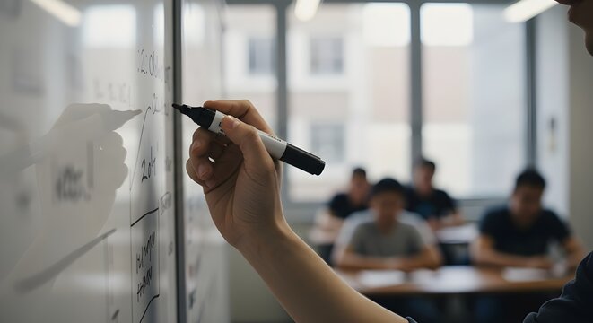 Hands writing on a whiteboard with a marker, blurred classroom in the background, concept of education, teaching, knowledge sharing, and academic environment.