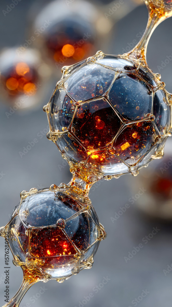Poster a close-up of glowing red molecular structures linked by transparent geometric connectors, represent