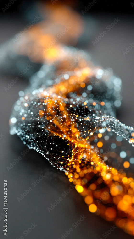 Poster an abstract stream of glowing orange and blue data points flows across a dark surface, symbolizing c