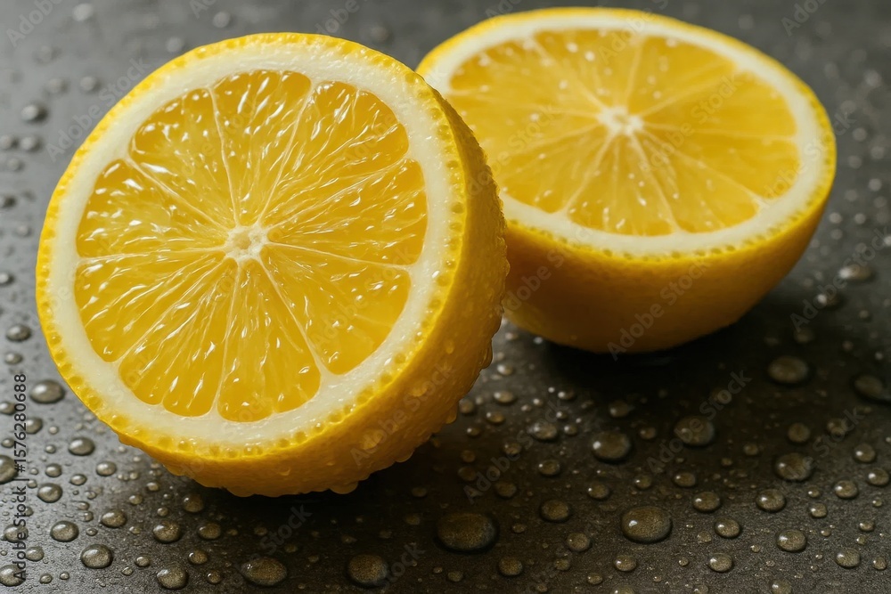 Poster freshly squeezed lemon slices rest on a wet surface, highlighting their vibrant yellow color and int