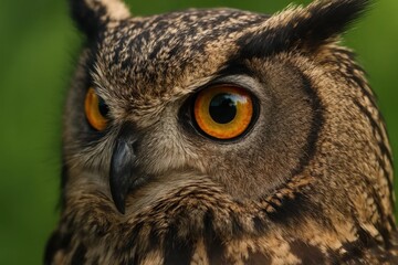 Obraz premium A close-up of a wise owl's gaze, with piercing yellow eyes set against a soft green backdrop