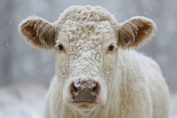 Obraz premium A white cow stands resolute in a snowy landscape, its gaze piercing through the falling snowflakes