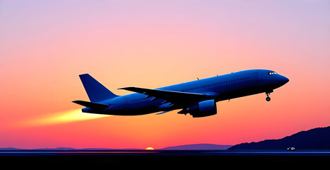 a plane taking off the runway with a beautiful sunrise