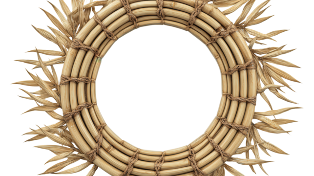 Bamboo mirror frame round shape background isolated on a Transparent background, PNG file.