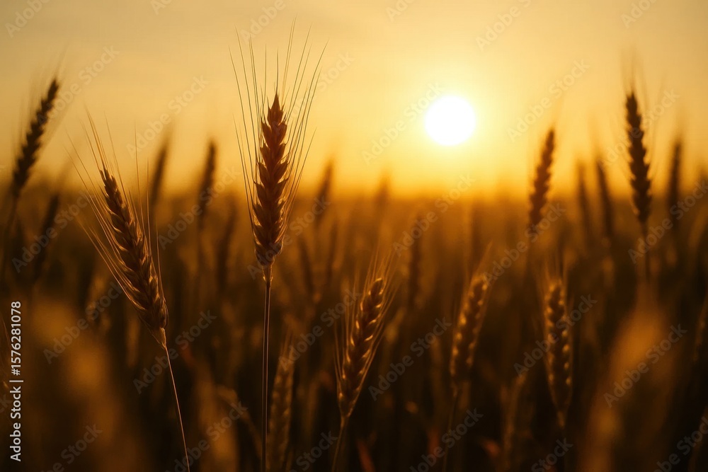 Poster wheat fields bask in the soft glow of dusk