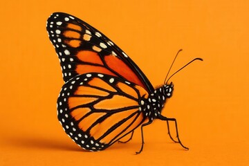 A Monarch butterfly gracefully perches on an orange canvas
