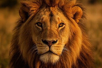 Fototapeta premium A majestic lion gazes into the heart of the wilderness, its eyes reflecting a timeless strength and serene beauty