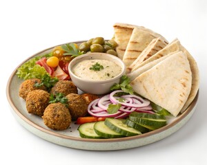 Whole falafel plate served with tahini sauce pita and vegetables on clean white background