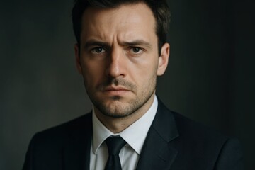 A man in a suit stands resolute against a dark backdrop