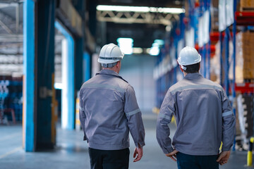 Logistics engineers in protective uniform and helmets conduct warehouse walkthrough. Industrial...