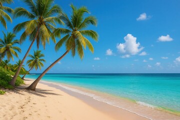 A Serene Tropical Beach with Crown Palms and a Calm Sea