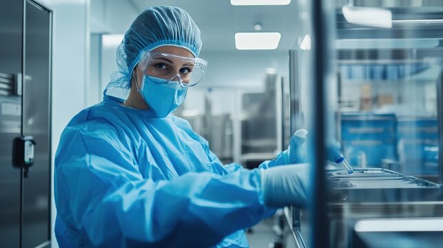 A healthcare worker in full protective gear, including mask, goggles, and gown, operates medical equipment in a sterile hospital environment. - Powered by Adobe