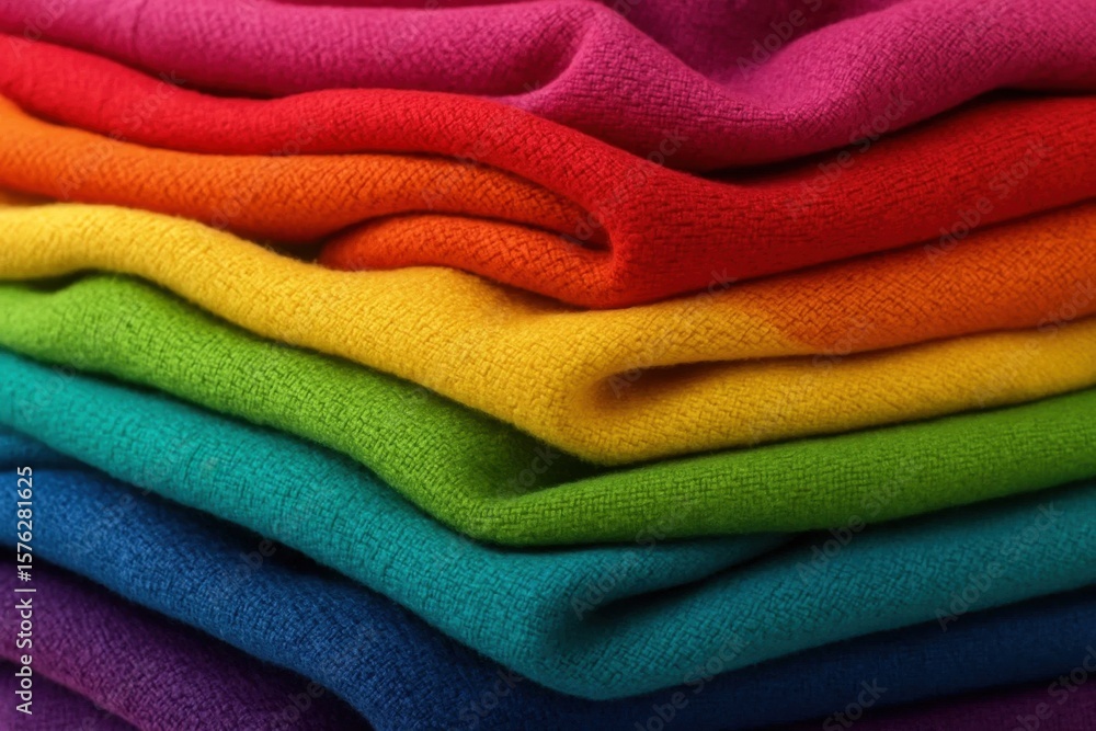 Poster a vibrant array of colorful fabrics in a neat stack, showcasing the beauty of diversity