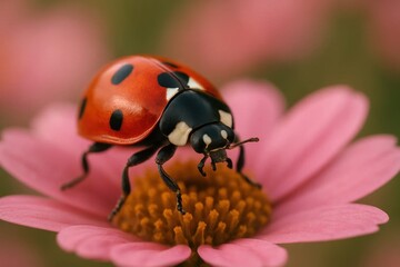 Fototapeta premium A ladybug with vibrant red spots and black wings is perched on a pink flower, showcasing nature's delicate balance