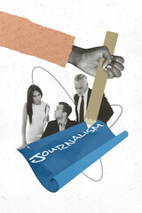 Poster sketch image artwork 3D photo collage of hand hold pencil write team man lady work...