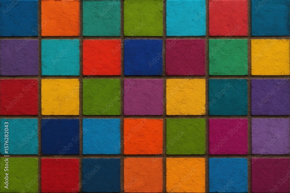 Poster a digital mosaic of square tiles in a repeating pattern, each tile radiates with its own unique hue,