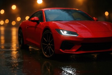 Fototapeta premium A solitary red sports car stands out in the rain-soaked night, its headlights piercing through the darkness