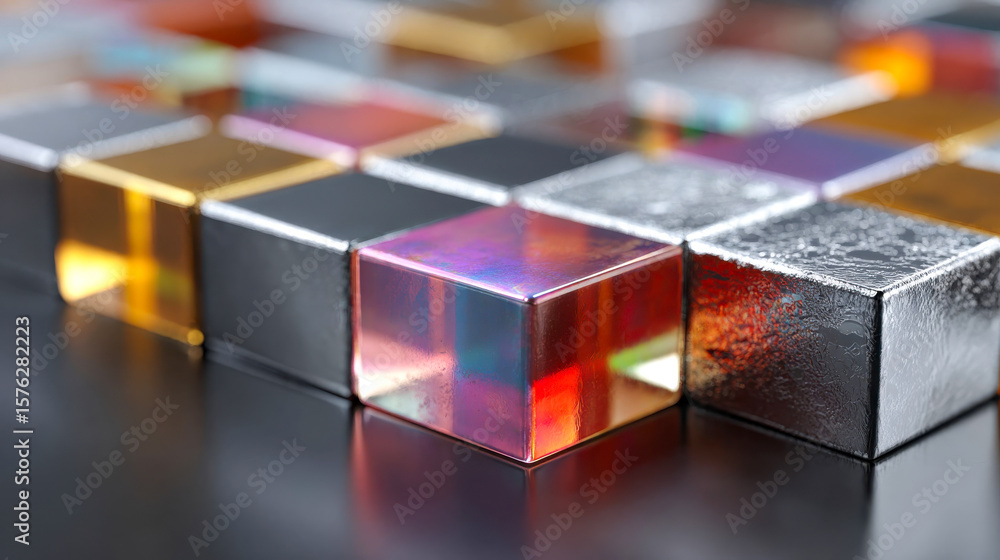 Poster abstract close-up of glossy and textured metallic cubes arranged in a grid, showcasing vibrant refle