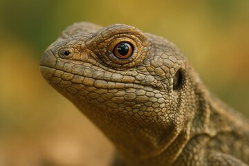 Obraz premium Close-up of a reptilian creature with a captivating gaze, showcasing its intricate scales and vibrant eye